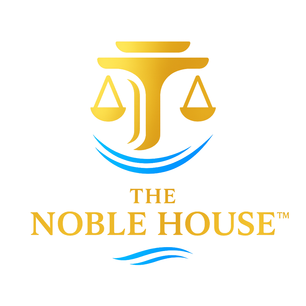 THE NOBLE HOUSE™ logo - gold scales of justice with flowing design